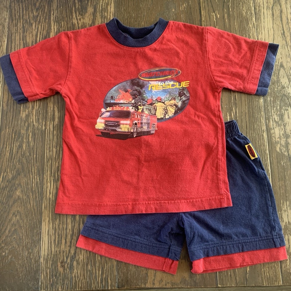 Vintage Y2K Matchbox Firetruck Boys Outfit Set Shirt Shorts Size 4 Mattel